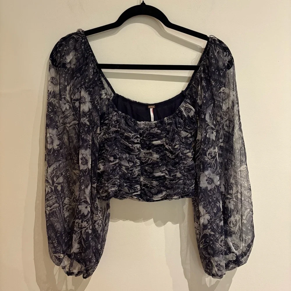 Free People Lilia Navy Floral Ruched Mesh Crop Top Size Medium